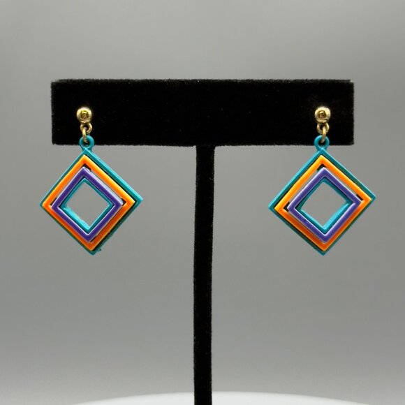 Jewelry - Vintage Bright Multicolor Retro Geometric Enamel Block Square Earrings 80's